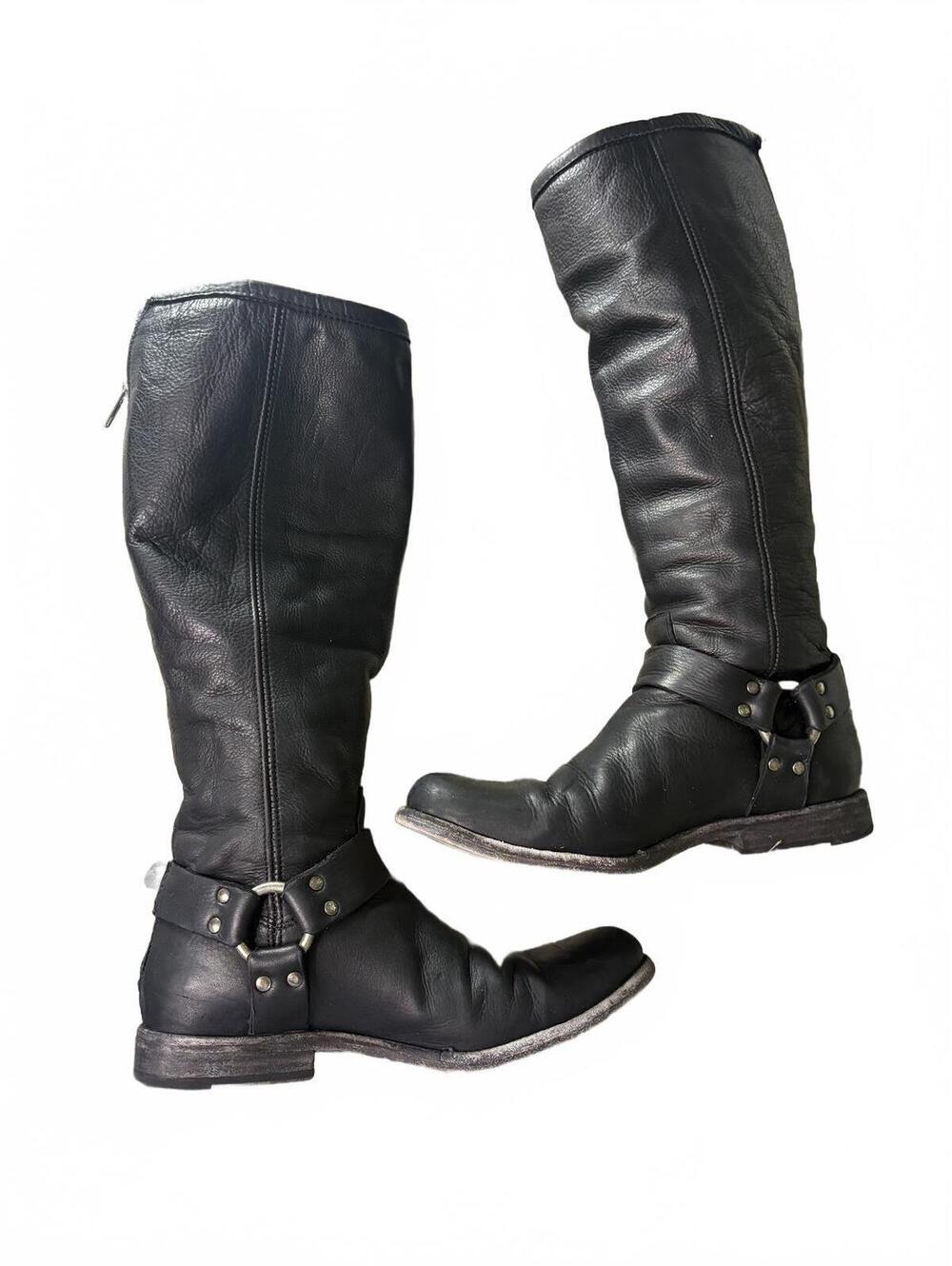 Frye Black Leather Knee-High Riding Boots with Harness Detail; size 9